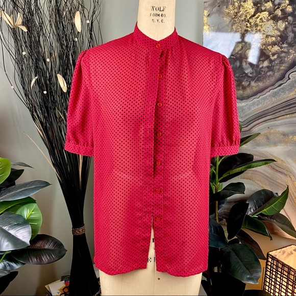 VINTAGE Givenchy Sheer Red Black Polka Dot Top Puff Sleeve Shoulder Blouse Shirt - Picture 3 of 9